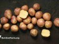 uncooked white potatoes named whole and sliced over dark texture background